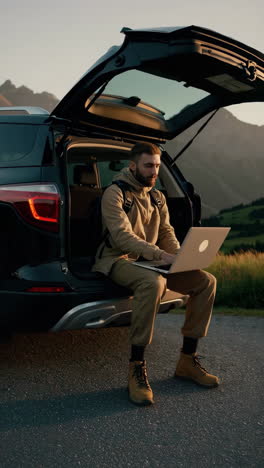 remote work in nature: man working from suv trunk with mountain backdrop