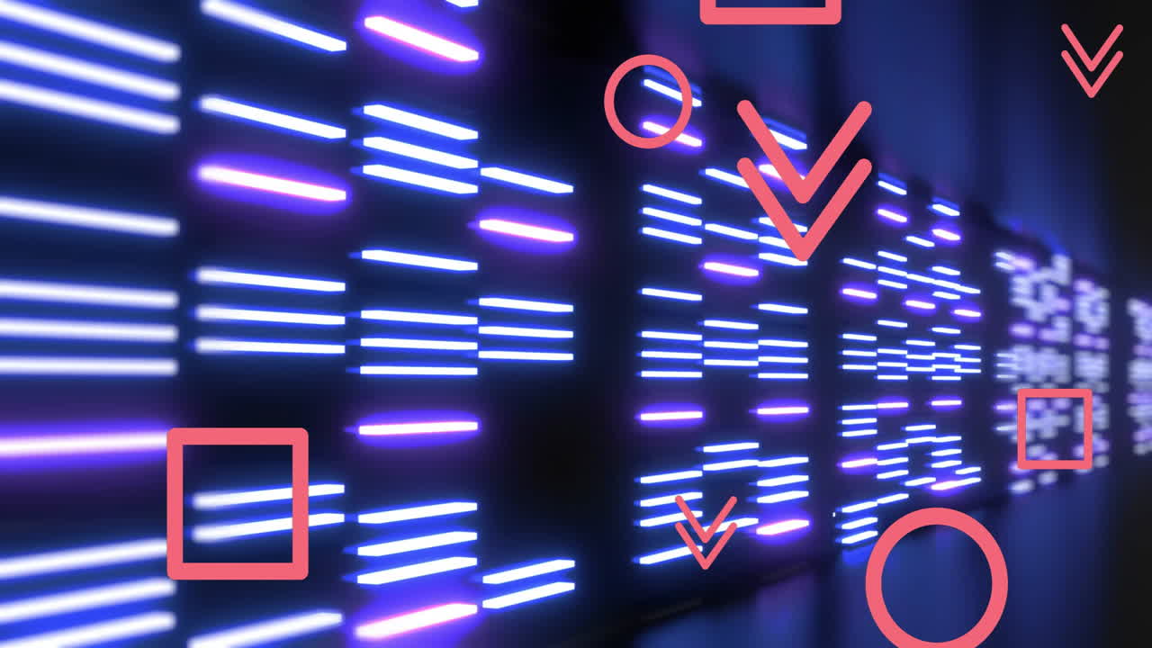Animation of glowing blue DNA strands with geometric shapes in digital space