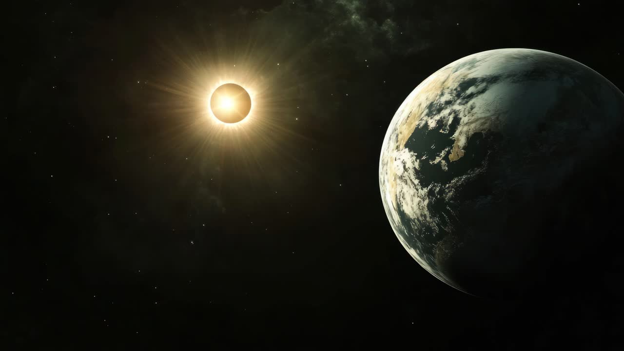 A cosmic video scene showing Earth and the sun from space