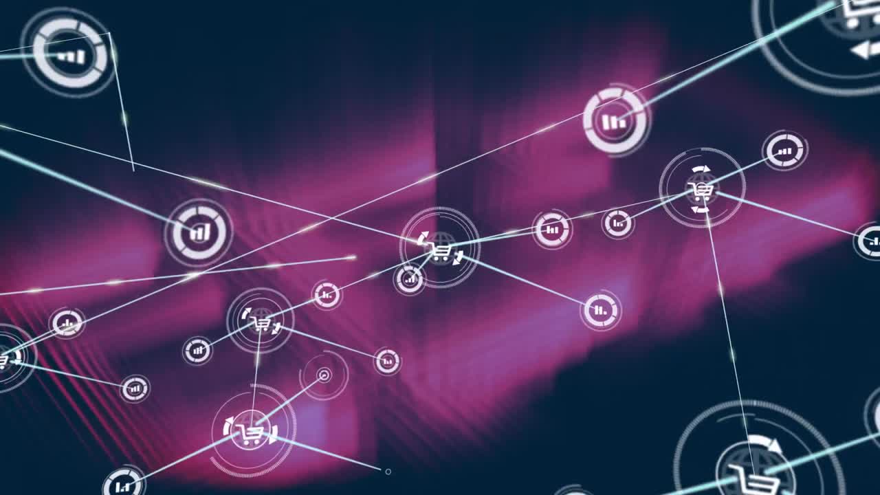 Animation of network of digital icons over purple light trails against black background