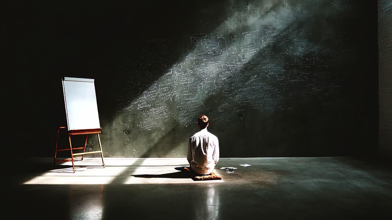 A contemplative individual sitting on the floor, gazing at a wall filled with notes and ideas, illuminated by beams of light, reflecting a moment of deep thought and creativity in a minimalist space