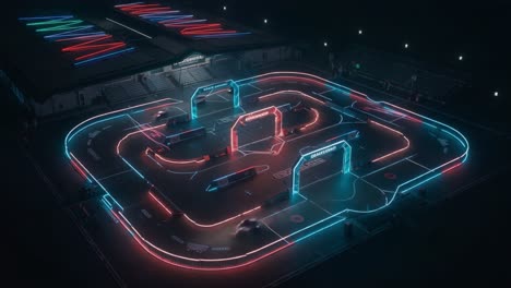 illuminated race track: a stunning visual of a futuristic neon-lit arena captivating onlookers with its dynamic design and engaging atmosphere