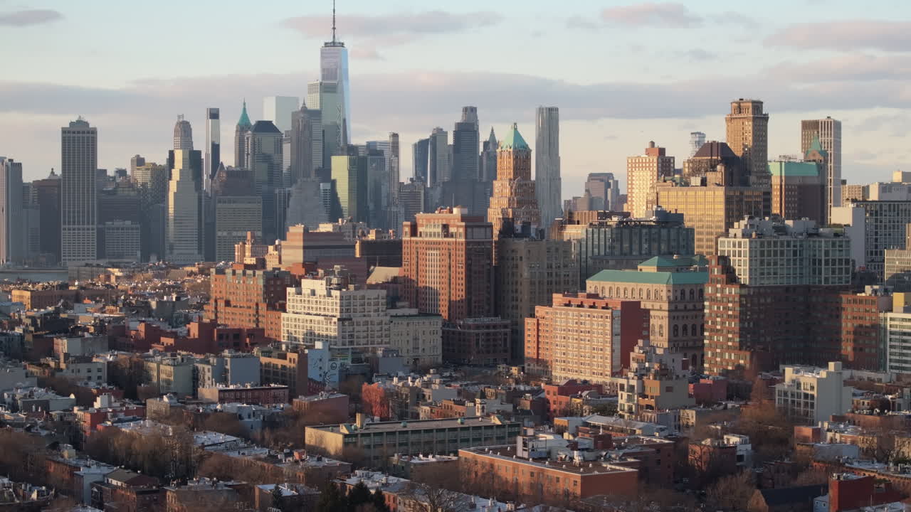 Aerial view of the New York City Financial District. Shot on a winter day in Brooklyn.