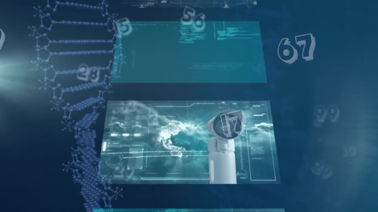 Animation of numbers changing, dna strand spinning and screens with data processing