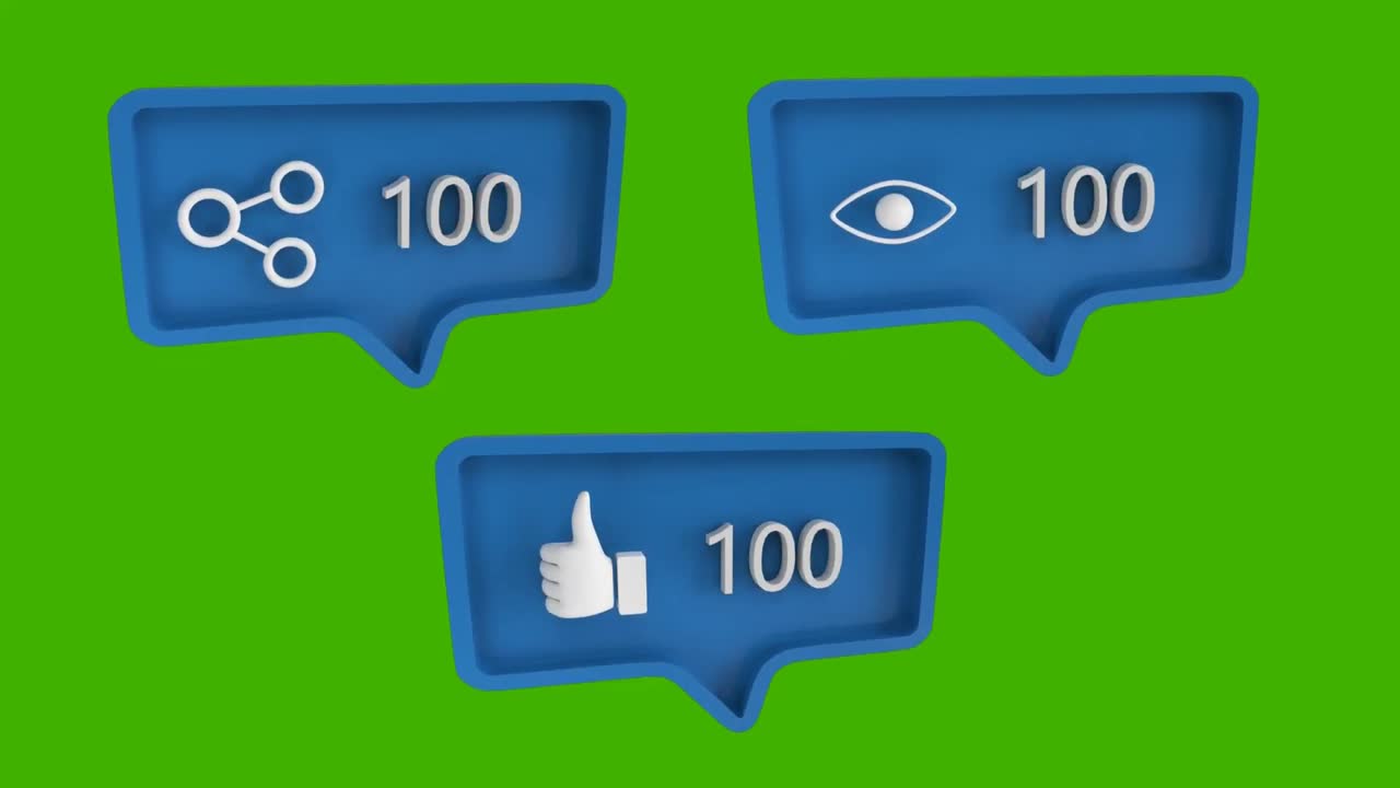 Animation af tre blå talebobler med ikoner fra sociale medier og tal der vokser på en grøn baggrund