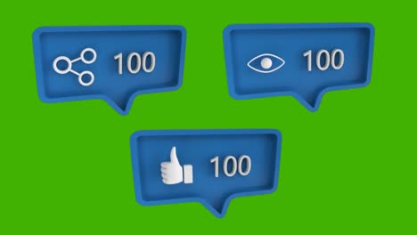 Animation-of-three-blue-speech-bubbles-with-social-media-icons-and-numbers-growing-on-green