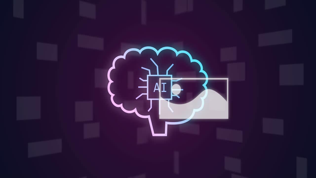 animación del cerebro con texto ai e imágenes de paisajes sobre fondo negro.