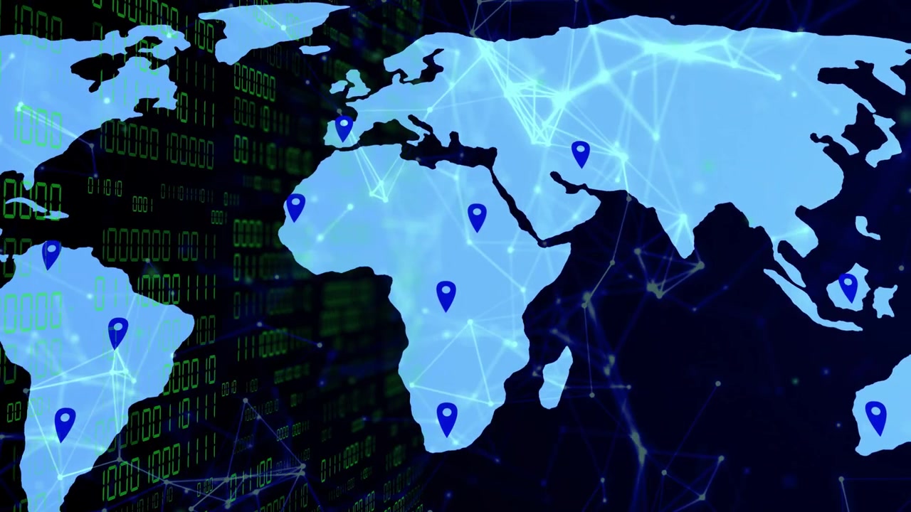 Blue blur sweeping, map revealing, pins appearing and lines pulsing, visualizing global data flow