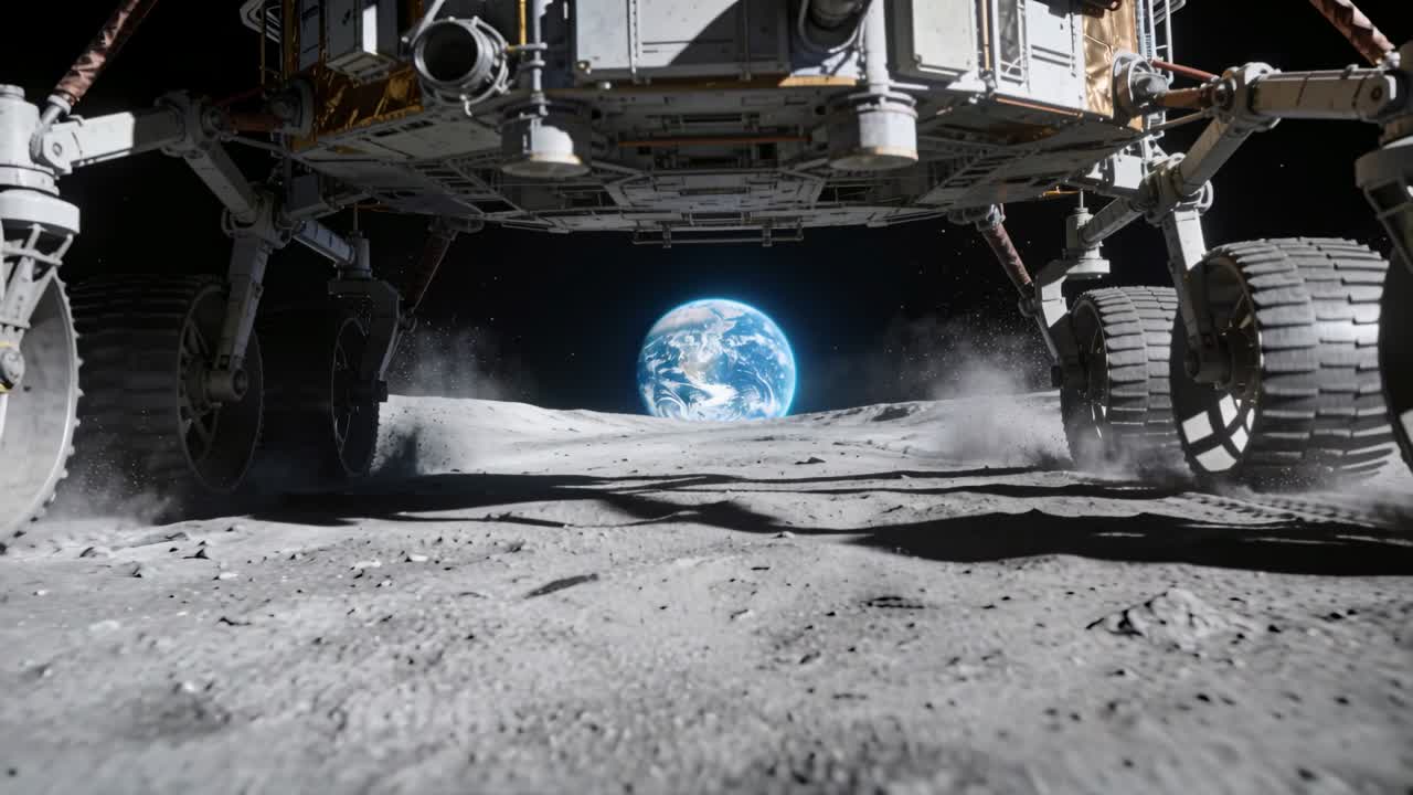 Lunar lander moving across lunar surface, wheels kicking regolith dust toward Earth
