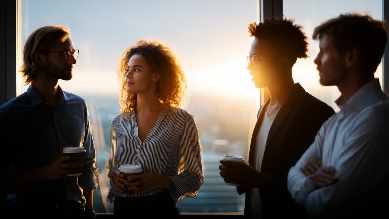A Group of Young Professionals Engaging in Thoughtful Conversation at Sunset Overlooking the City, Creating a Warm and Inviting Atmosphere While Enjoying Their Coffee