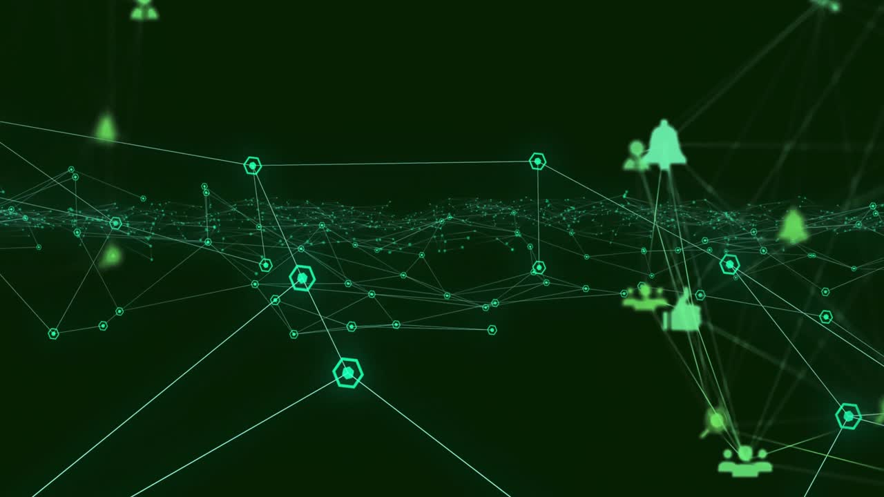 Animation of network of connections with social media icons on green background