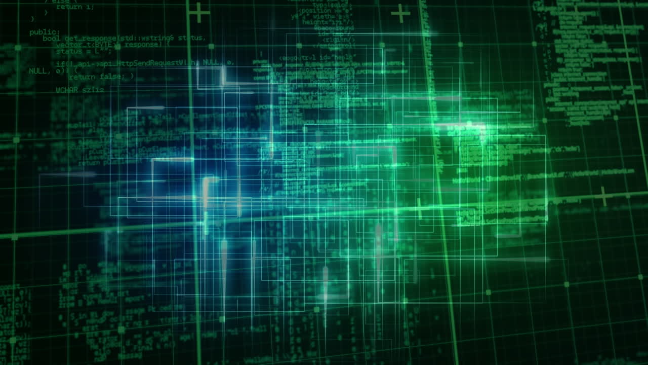 Animation of glowing data processing with markers over grid