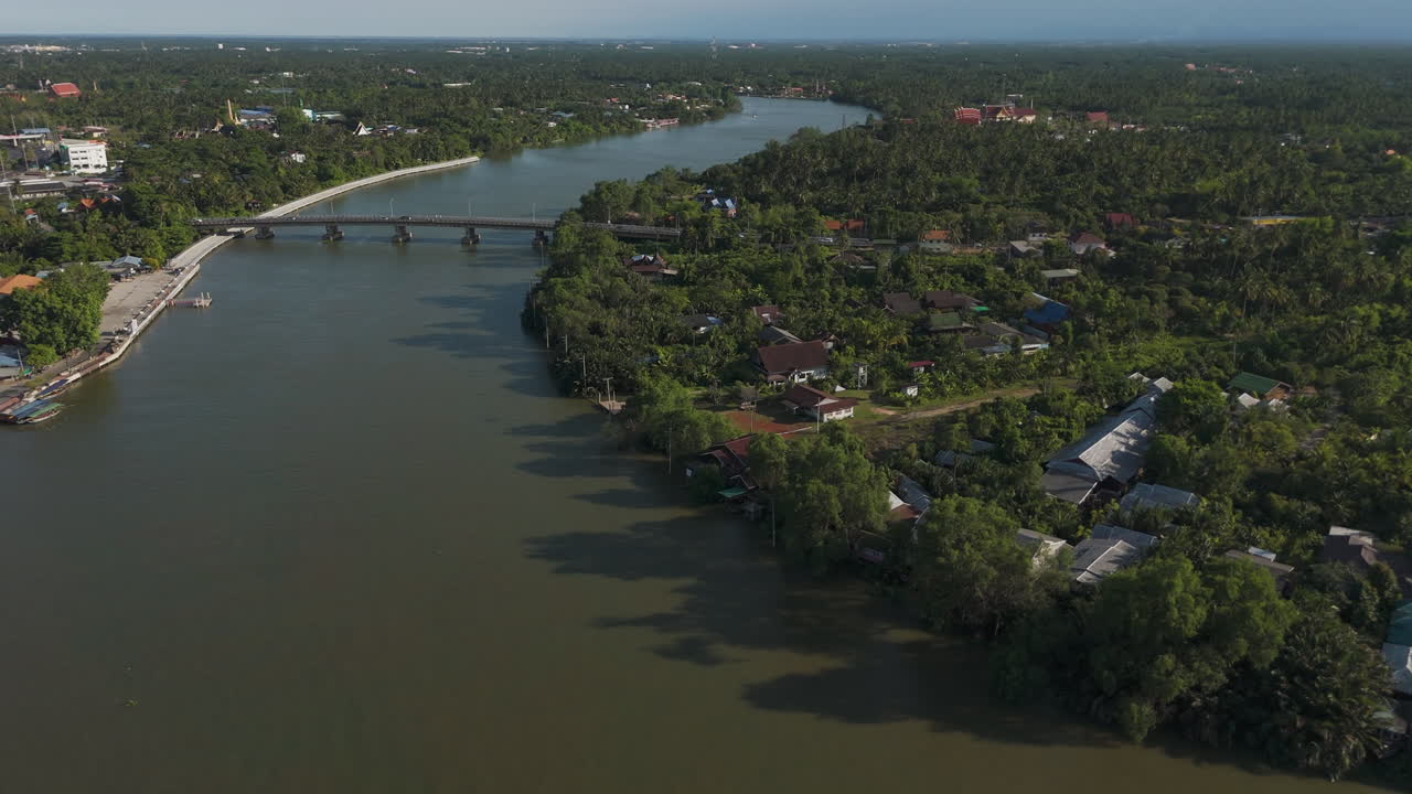 Somdej Phra Sri Suriyen Bridge In Ban Prok, Amphawa District, Samut Songkhram, Thailand. Aerial Drone Shot