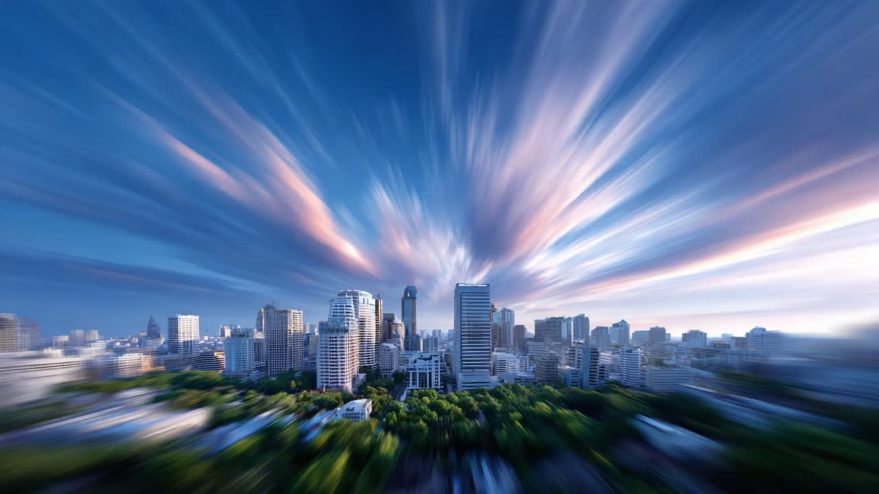 Stunning Transformation of a City Skyline: From Vibrant Daylight to Serene Nightfall Captured in Two Frames of Time with Dramatic Cloud Movements