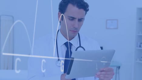 animación de un monitor de ritmo cardíaco sobre un médico caucásico usando una tableta digital en el hospital.