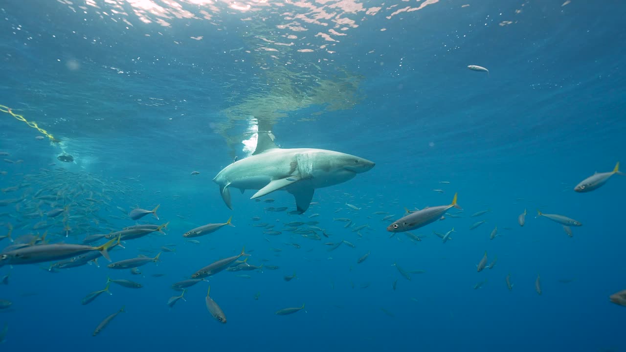 Great White Shark approaches bait, turns around and swims by while cage diving at the island of Guadalupe, Mexico. Slow motion shot