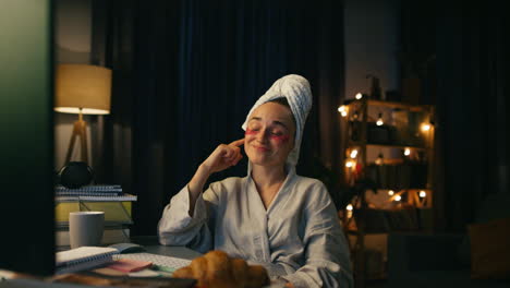 Happy-businesswoman-watching-computer-closeup.-Home-look-girl-working-late-night