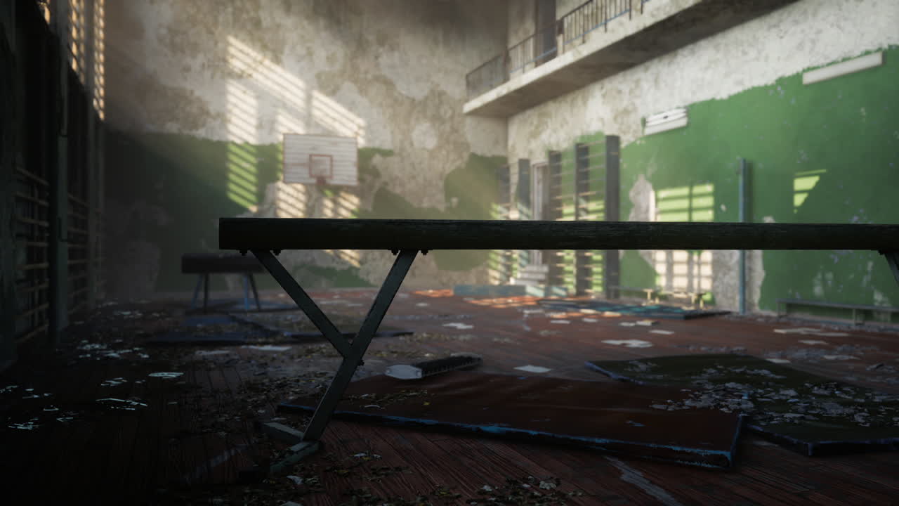 방치 된 체육관 의 바닥 이 먼지 와 꺼기로 여 있다