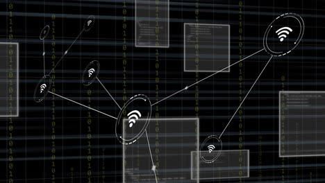 animation of connected icons and computer language in squares over black background