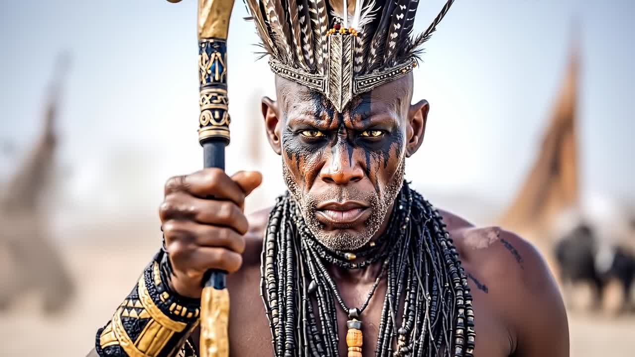 A man with a headdress holding a stick in his hand