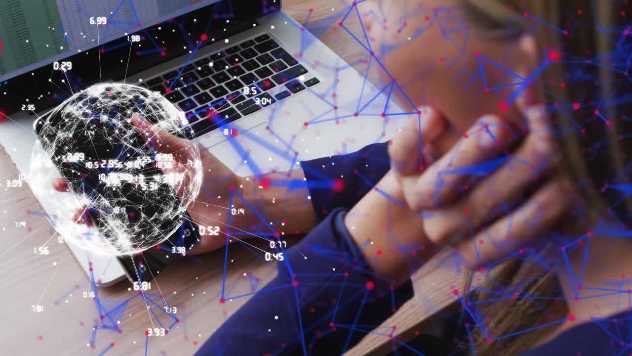 animación de una red de iconos sobre una mujer de negocios caucásica usando un teléfono inteligente y una computadora portátil