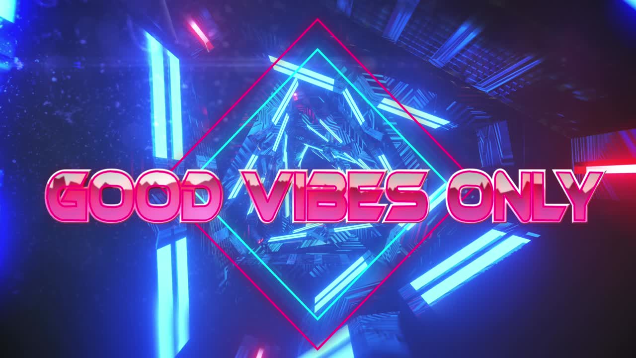 Animation von Text „Good Vibes Only“ über einem sich bewegenden digitalen Tunnel