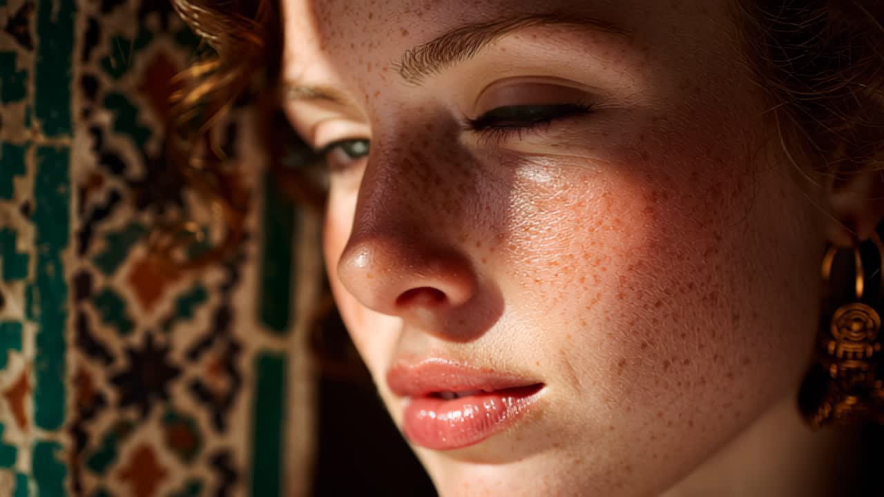 Primo piano cinematografico di una giovane donna lentigginosa con capelli rossi ricci e orecchini d'oro, che guarda pensierosa nella calda luce di una finestra accanto a una parete decorata.