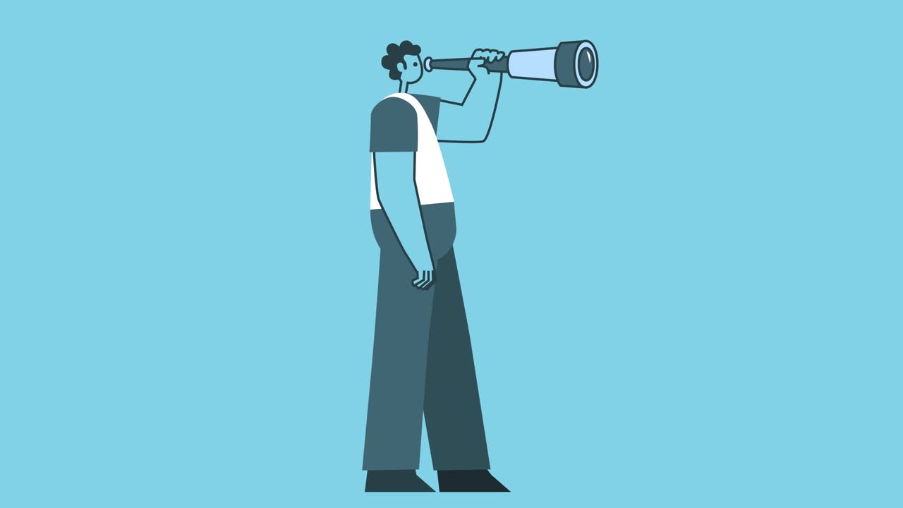 Man Walking Cycle with Spyglass. Businessman looks into the distance through a telescope. Flat Design Man Cartoon Character Isolated Loop 2d Animation