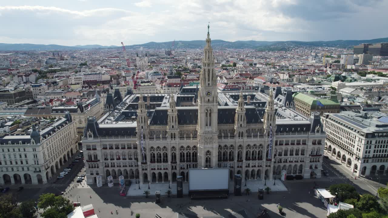 Aerial overview of Rathausplatz in Vienna, Austria, capturing the historic buildings and vibrant city atmosphere