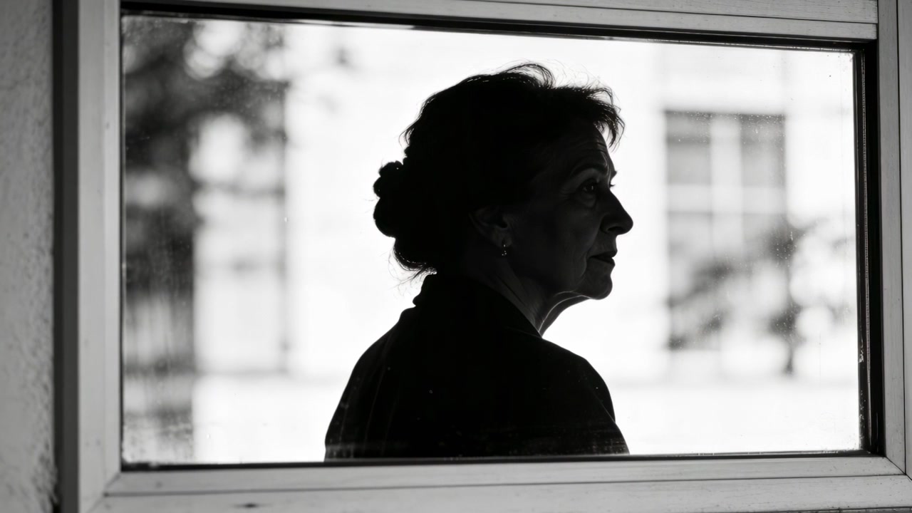 Con il controluce, una donna anziana si aggiusta il mento alla finestra, mostrando chignon, orecchino e giacca scura.