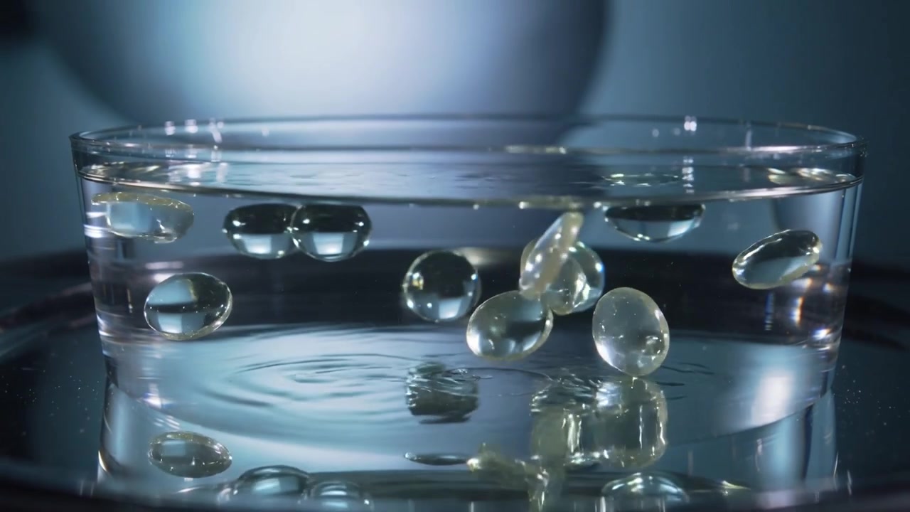 Sfere di gel che rompono la tensione si staccano e affondano in un tubo di vetro con liquido trasparente, creando increspature.