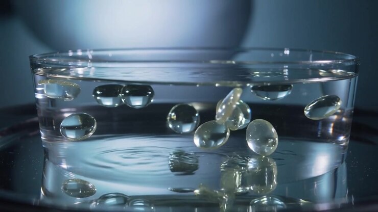 Sfere di gel che rompono la tensione si staccano e affondano in un tubo di vetro con liquido trasparente, creando increspature.