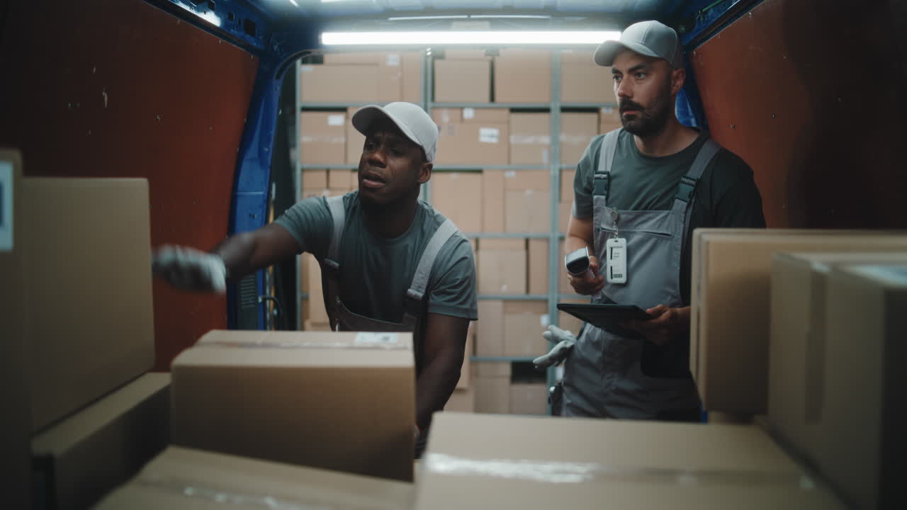 Delivery Workers Scanning and Handling Packages in a Van