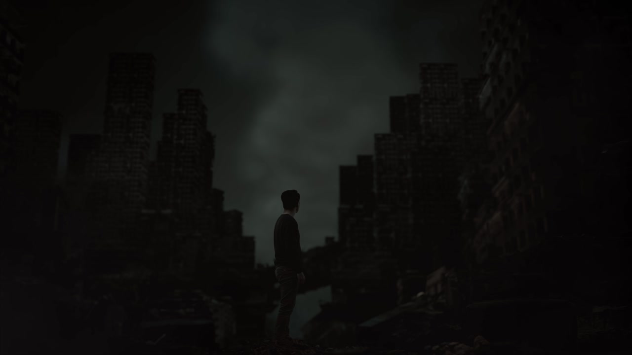 전쟁 후 폐허가 된 도시를 똑바로 바라보는 고통스러운 아시아 난민 남성의 전체 몸의 측면 시각