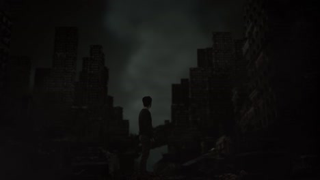 전쟁 후 폐허가 된 도시를 똑바로 바라보는 고통스러운 아시아 난민 남성의 전체 몸의 측면 시각