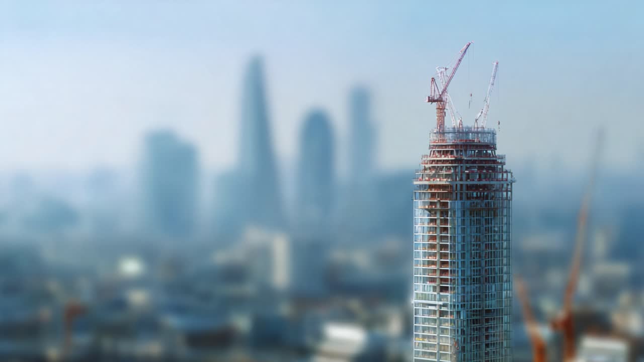 Urban Construction Progress: A Tower Rising Above the Cityscape, Capturing the Essence of Modern Architecture and Workforce Engagement in Metropolitan Areas
