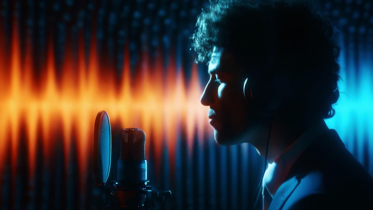 An Intimate Music Recording Session: A Talented Vocalist Captured in Silhouette with Dynamic Sound Waves and Vibrant Lighting Enhancing the Studio Atmosphere