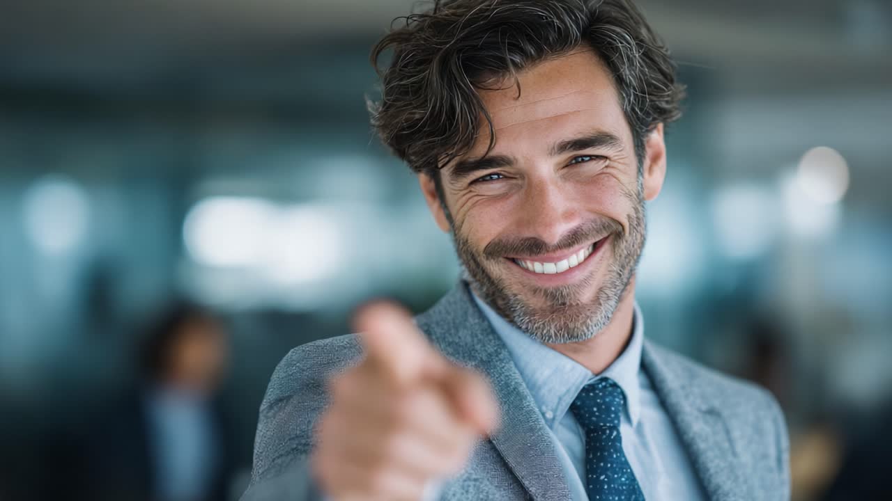 Confident and Approachable Businessman Smiling and Pointing at the Camera, Exuding Charisma and Positive Energy in a Professional Setting