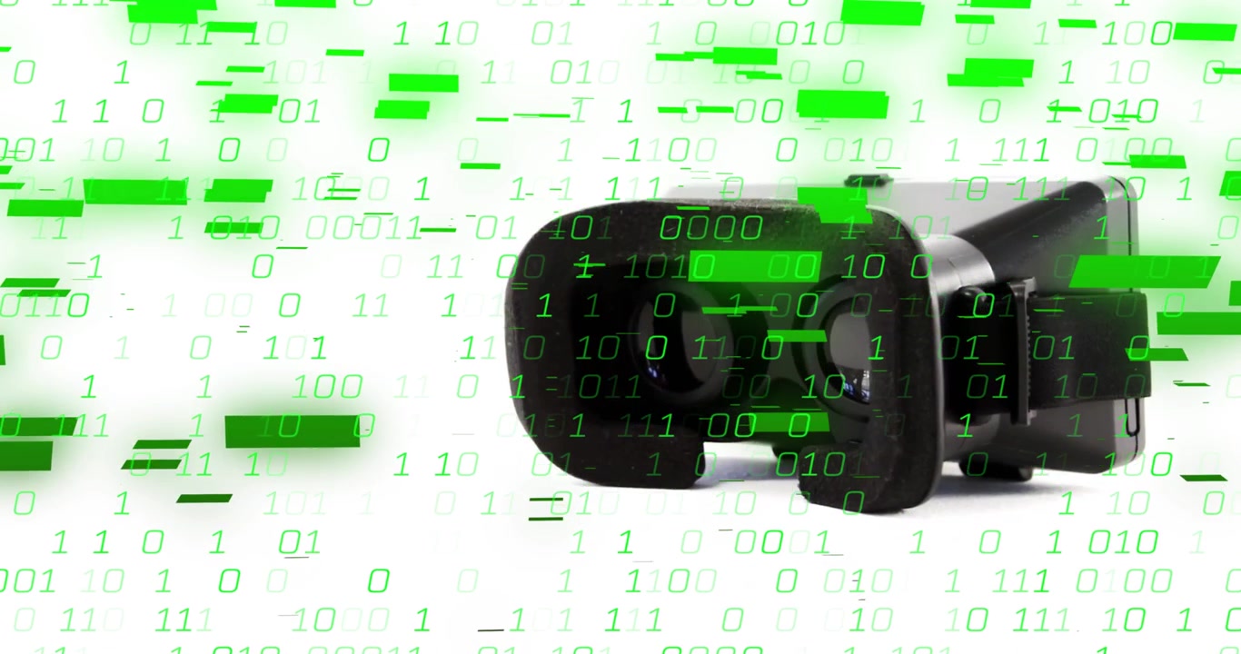 Green binary digits starting digital rain around 3D render VR headset revealing data visualization