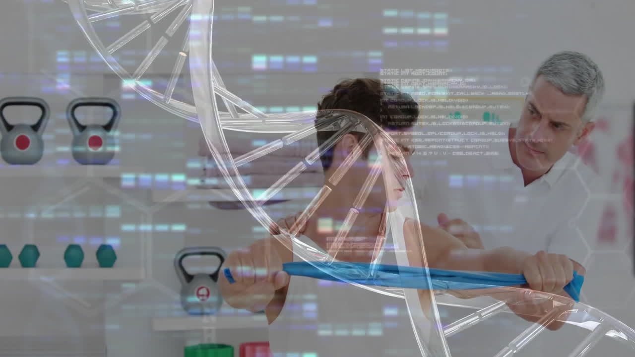 cadena de adn y animación de codificación sobre personas que hacen ejercicio con bandas de resistencia en el gimnasio