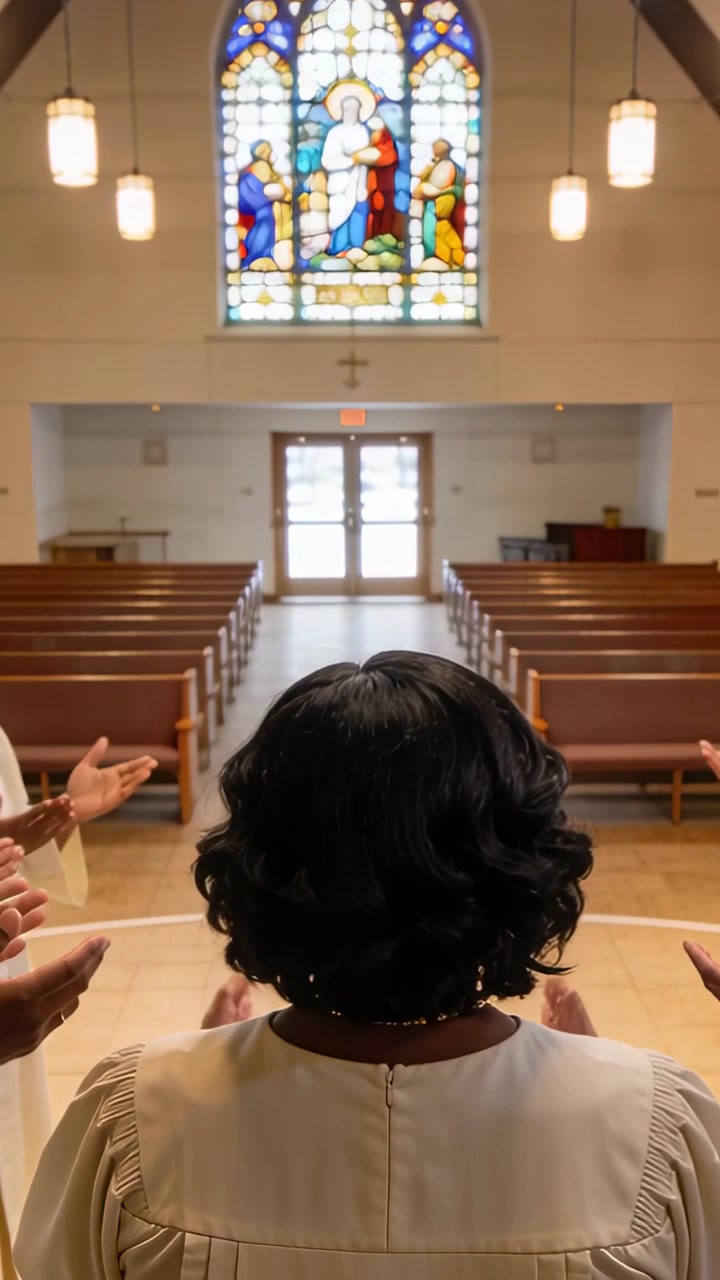 Vertical video: Entering others lifting hands around robed woman at church by stained glass praying