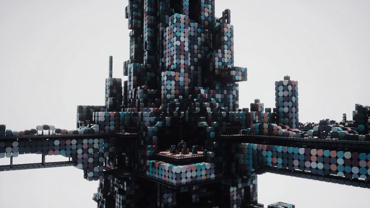 Revealing modular tower, camera gliding right on set, showing bridge arms, raised platform