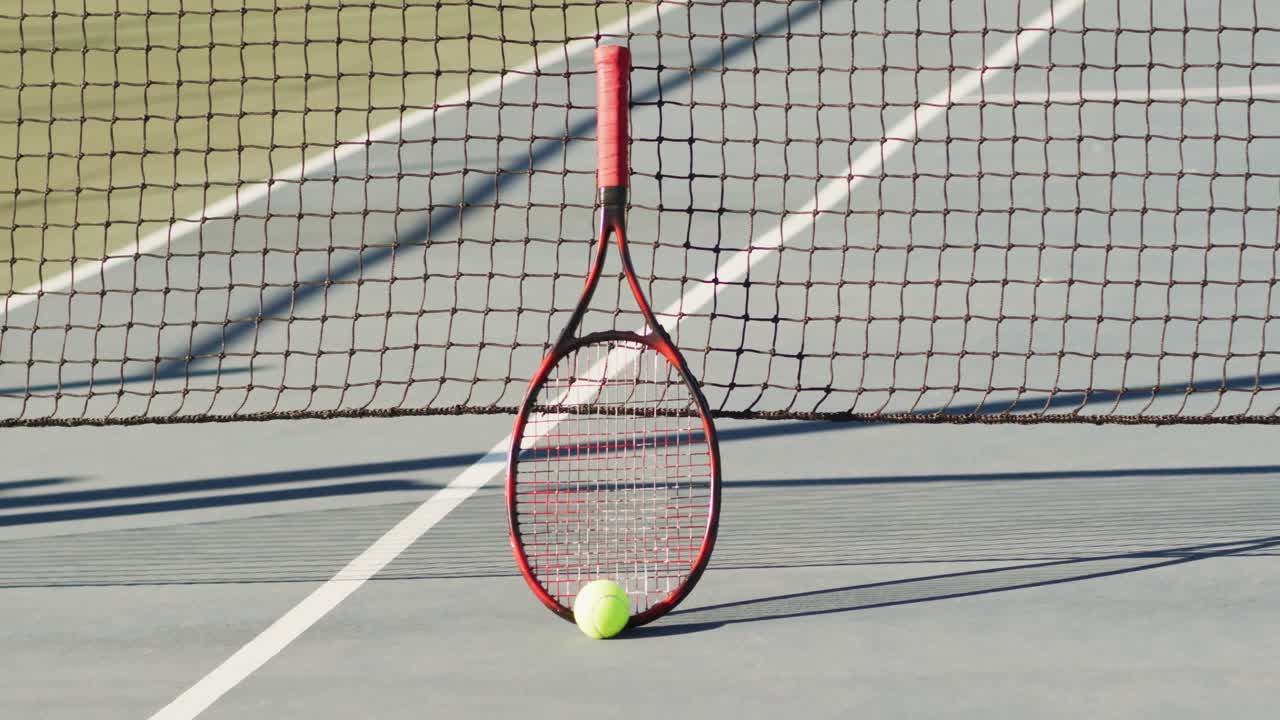 Video of tennis ball and racket lying on tennis court