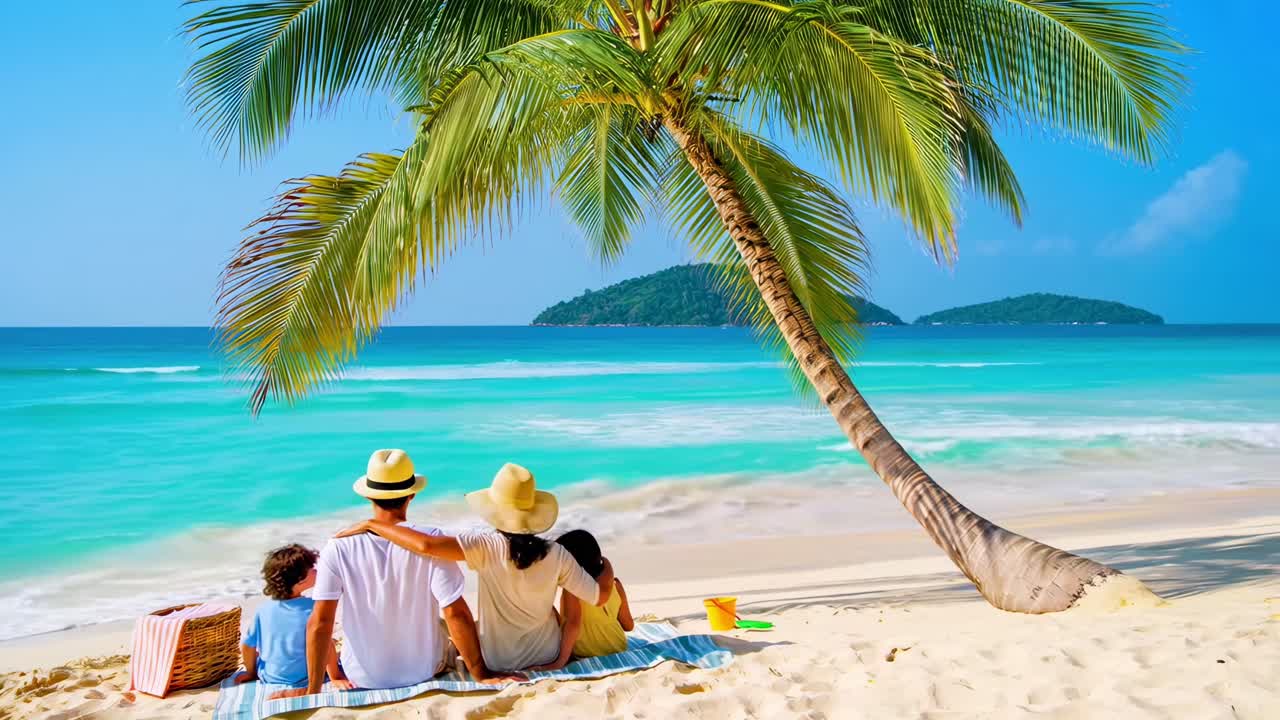 Familia en una playa tropical bajo una palmera, capturada desde atrás.
