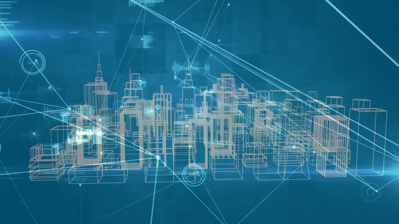 Animation of network of connections over digital city on blue background
