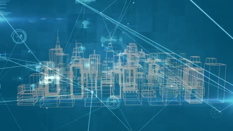 animation of network of connections over digital city on blue background