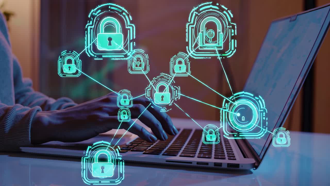 A side-angle shot of hands typing on a laptop, overlaid with digital lock icons
