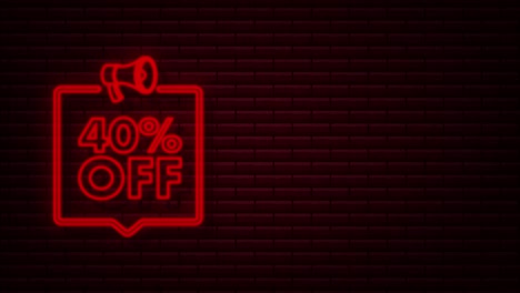40 prozent rabatt-absatz-banner mit megafon. rabatt-angebot-preis-tag. 40 prozent absatz-promotion-neon-symbol. bewegungsgrafik