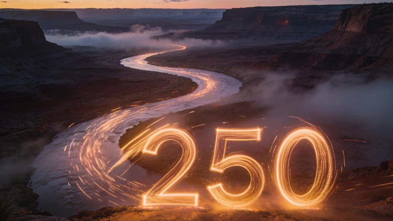 Bagliore caldo che si anima, generando scie luminose che formano i numeri 250 sopra un fiume nel canyon al tramonto.