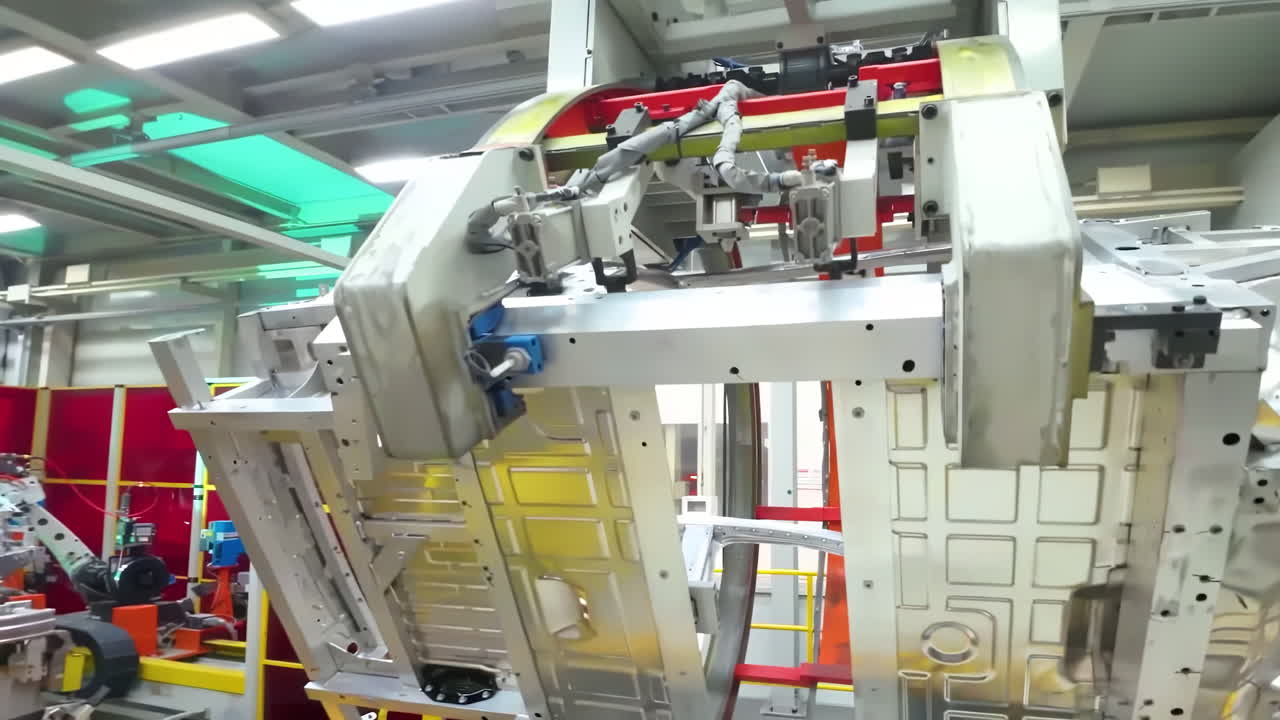 Workshop assembling the body of a car on a conveyor, automotive assembly line with robotic arms crafting a modern silver vehicle body in a bright factory technology for the production of cars.